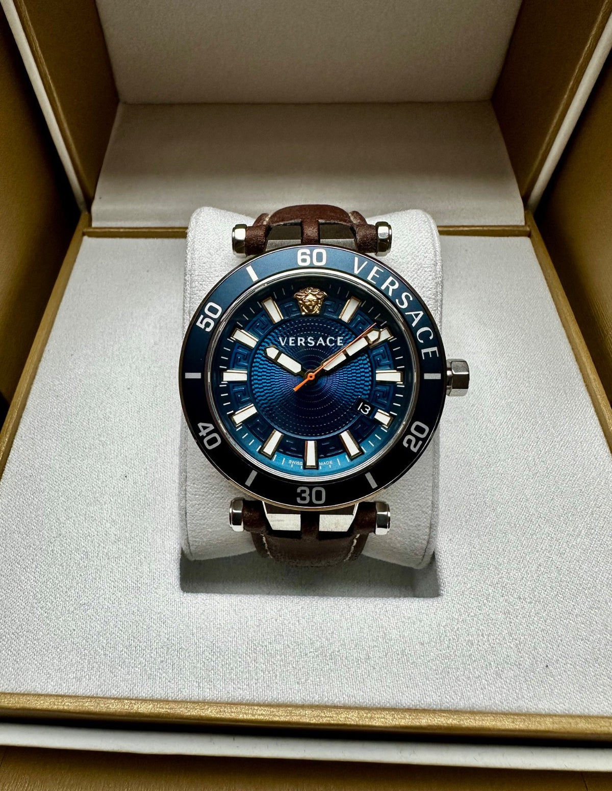 Versace Greca Sport VEZ300121 Men's Swiss Chronograph Watch, Blue & Brown Leather – photo 2