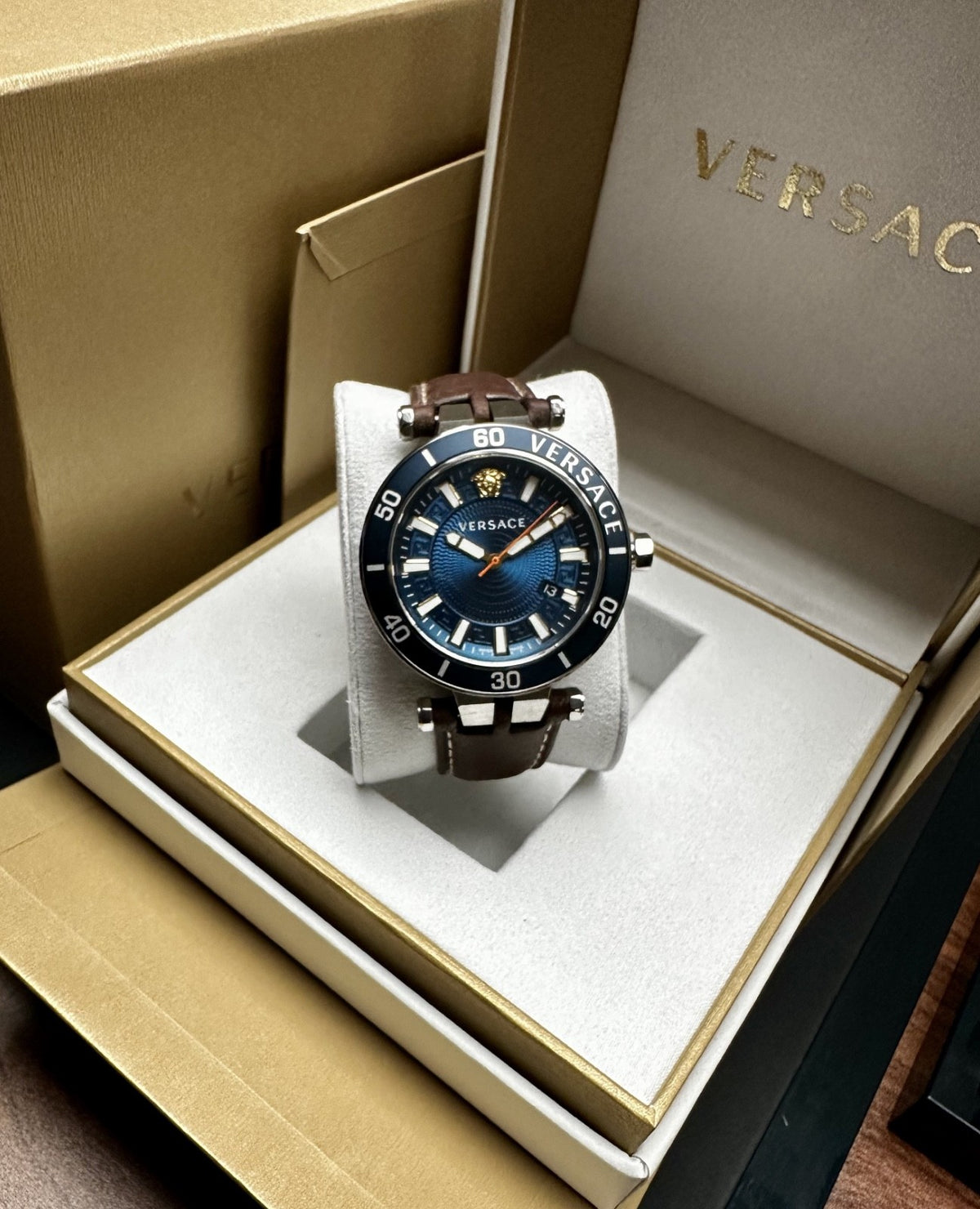 Versace Greca Sport VEZ300121 Men's Swiss Chronograph Watch, Blue & Brown Leather – photo 8
