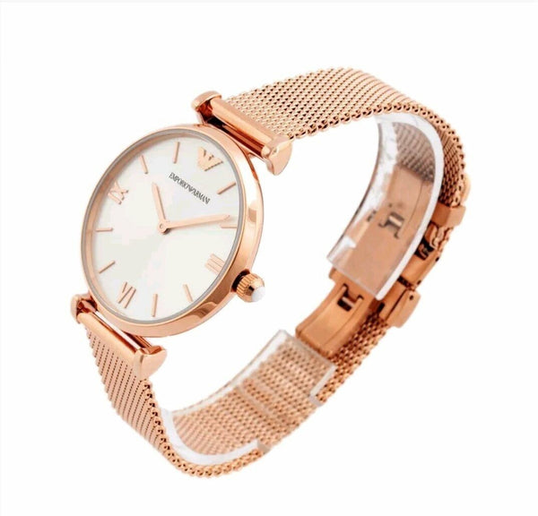 Emporio Armani Gianni T-Bar AR1956 Women's Mesh Watch – White & Rose Gold