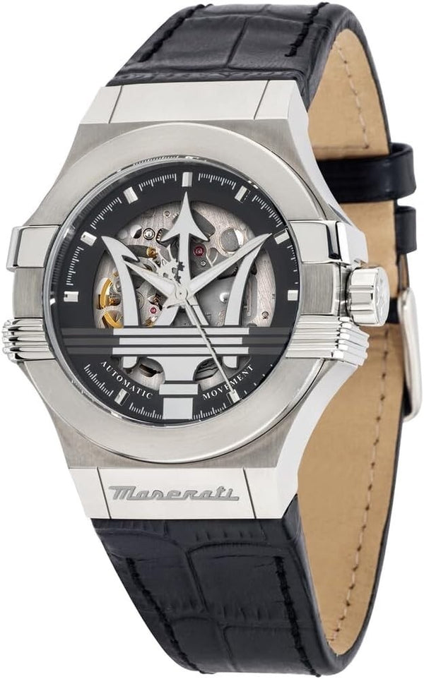 Maserati Potenza R8821108001 Men's Automatic Watch – Silver & Black Leather, 42 mm