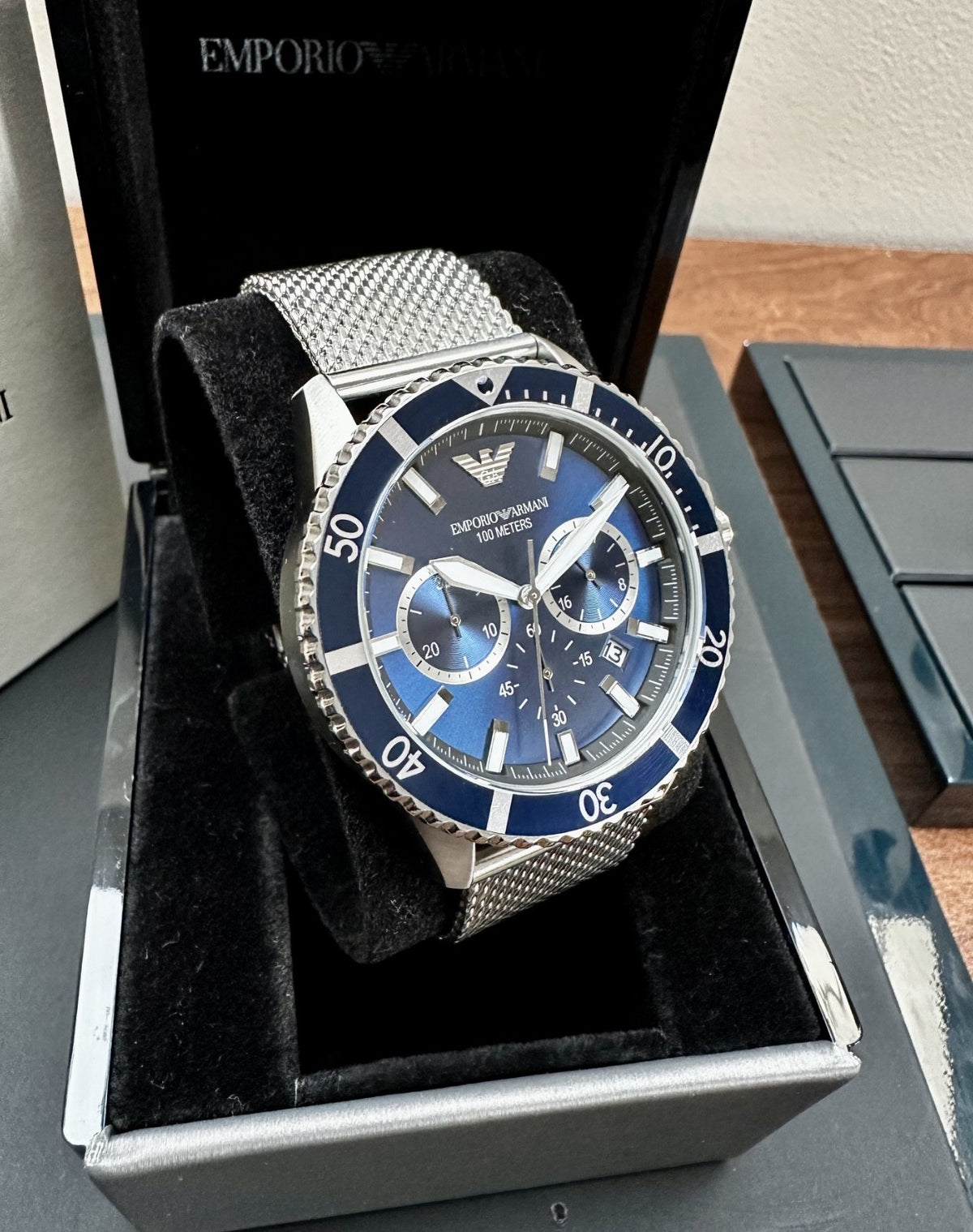 Emporio Armani World Explorer AR11587 Men's Chronograph Mesh Watch, Blue, 43 mm – photo 2