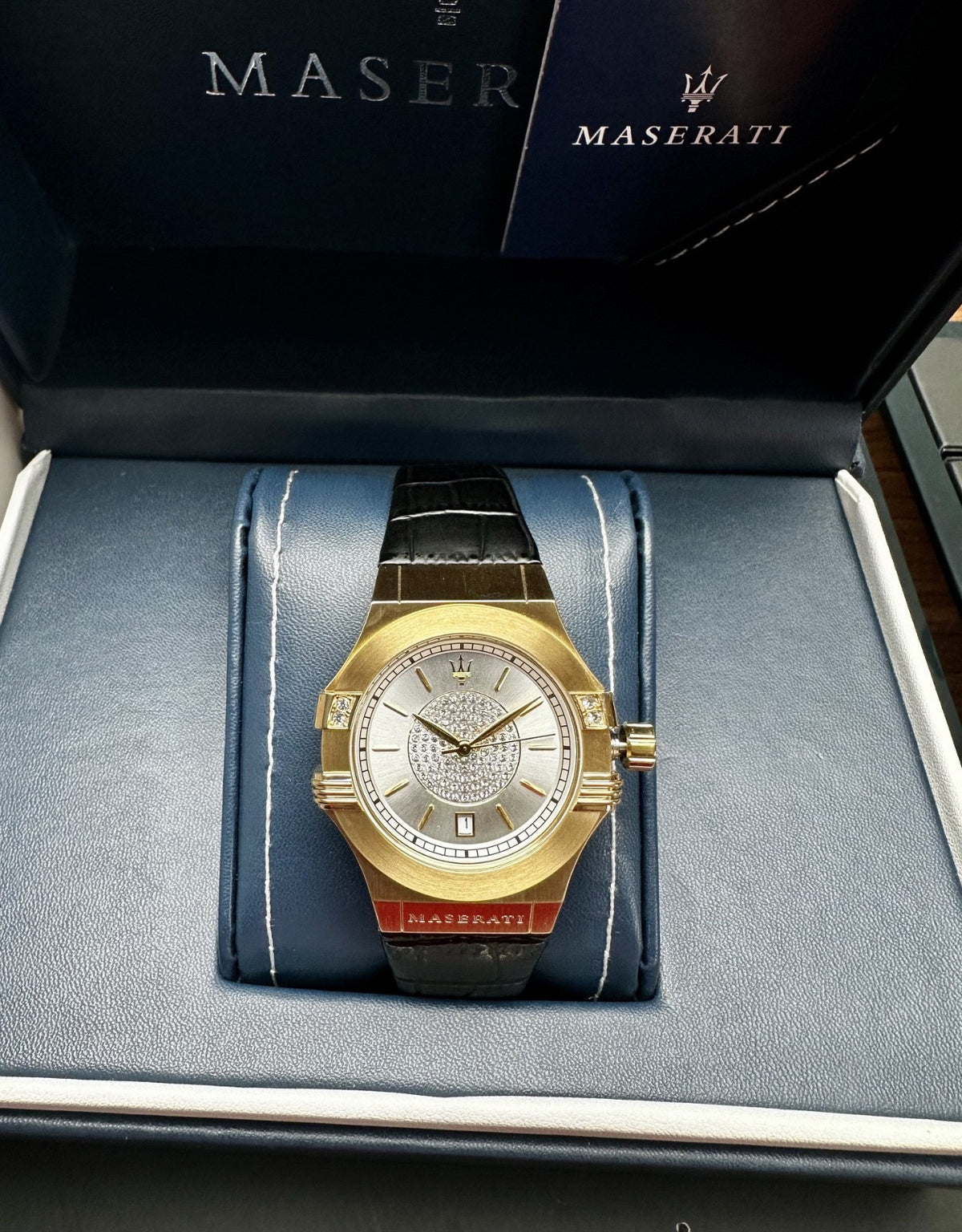 Maserati Potenza R8851108505 Women's Leather Watch, Gold Crystal Tone & Black – photo 1