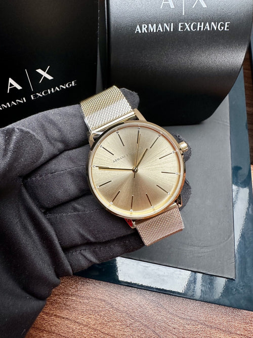 Armani Exchange Lola AX5536 Women's Three-Hand Watch, Gold Dial & Mesh – photo 1