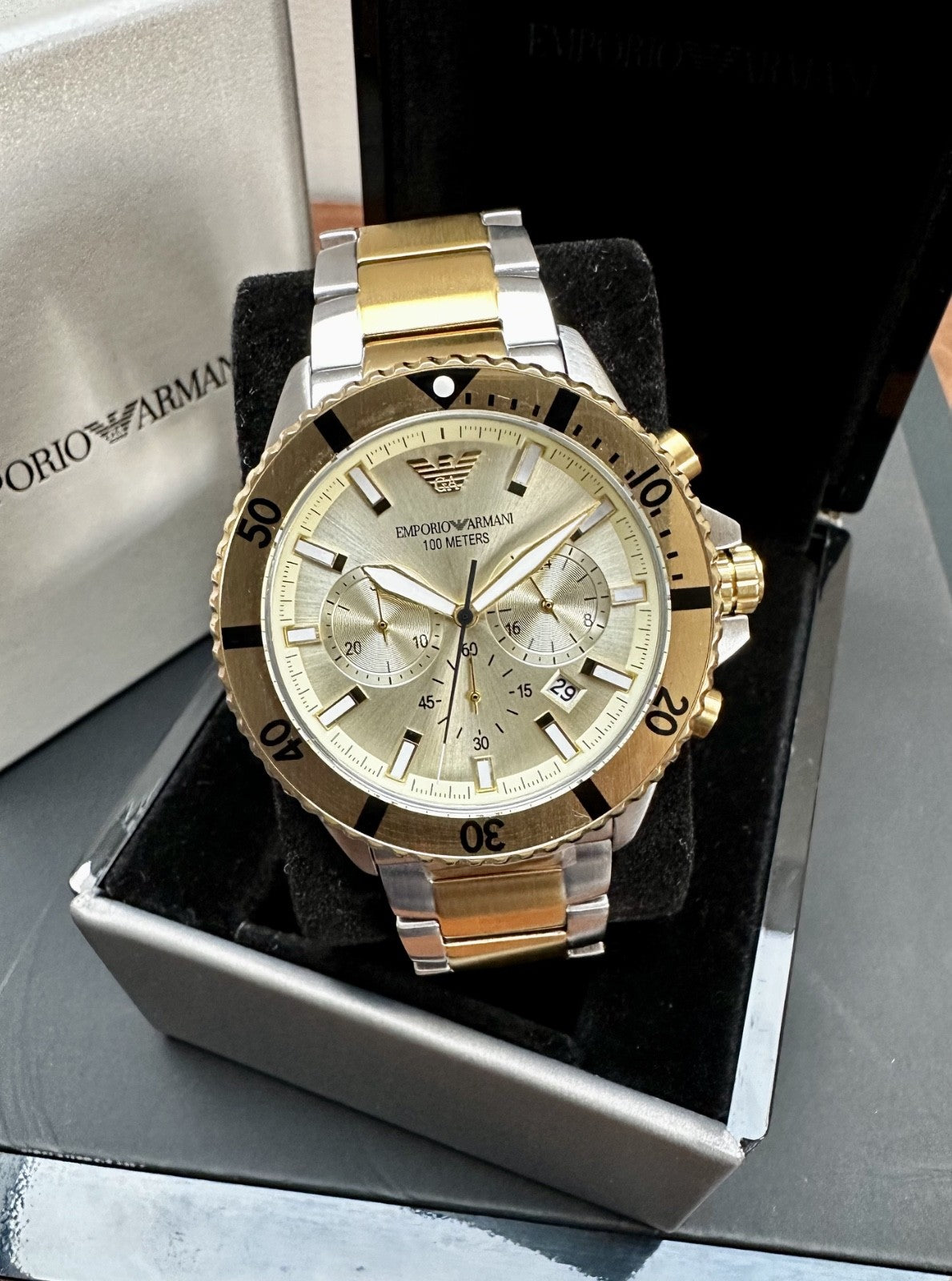 Emporio Armani Diver AR11606 Men's Chronograph Watch, Gold & Silver Tone, 43 mm – photo 1