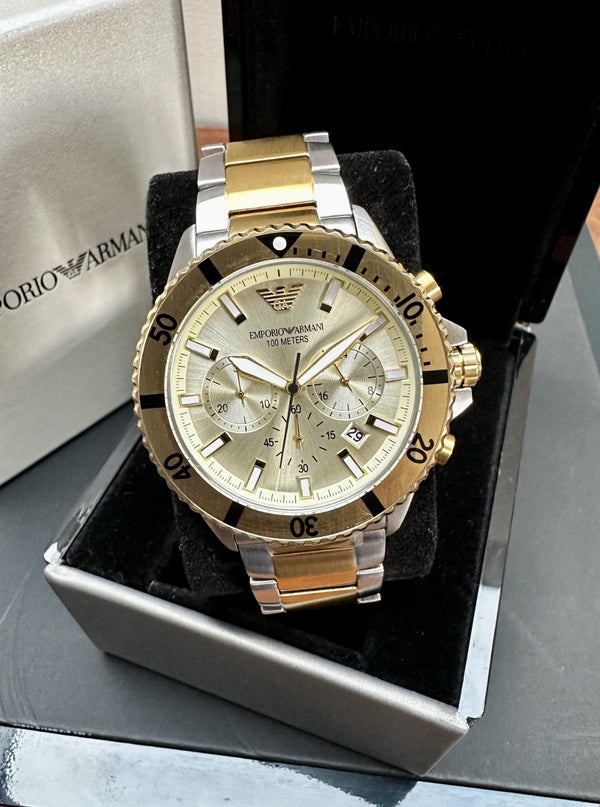 Emporio Armani Diver AR11606 Men's Chronograph Watch – Gold & Silver Tone, 43 mm