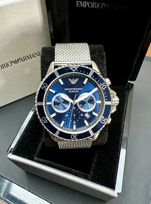 Emporio Armani World Explorer AR11587 Men's Chronograph Mesh Watch – Blue, 43 mm