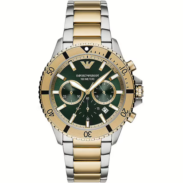 Emporio Armani Diver AR11586 Men's Chronograph Watch – Gold & Green Dial, 43 mm