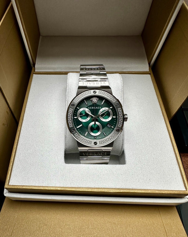 Versace Greca Logo VEZ900121 Men's Swiss Chronograph Watch – Green & Silver Steel