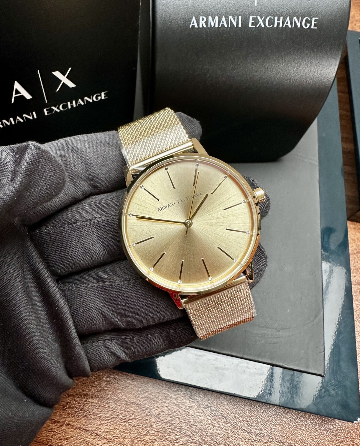 Armani Exchange Lola AX5536 Women's Three-Hand Watch, Gold Dial & Mesh – photo 2