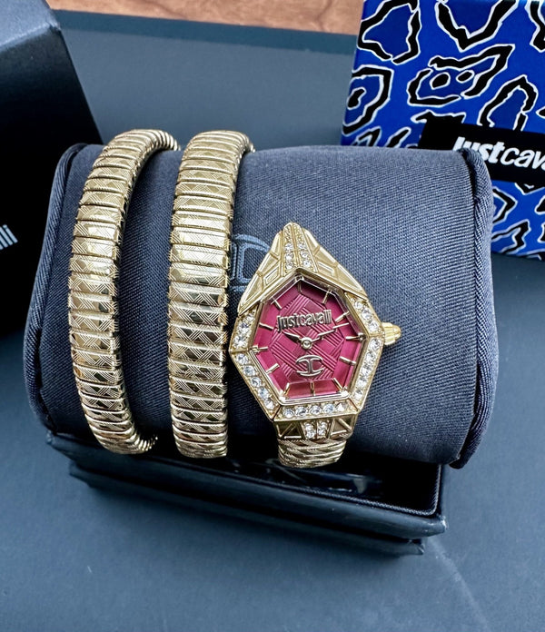 Just Cavalli Signature Snake JC1L304M0035 Women’s Watch – Ruby Red & Gold, 22 mm