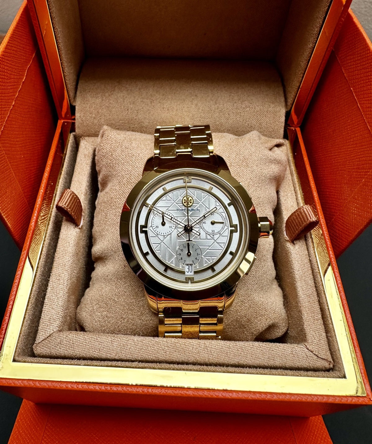 Tory Burch Classic TBW1032 Ladies' Chronograph Watch, White & Gold Tone, 37 mm – photo 1